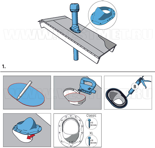 Установка проходного элемента Vilpe CLASSIC на готовую мягкую кровлю