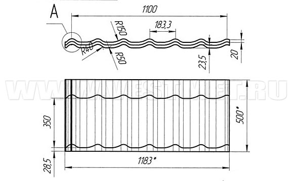 Чертеж листа металлочерепицы Grand Line Classic